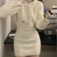 Sexy White Thicken Knit Mini Dress Woman Korean Elastic High Waist Bandage Dresses Women Hooded Outwear Long Sleeve Slim Dress - Image 6