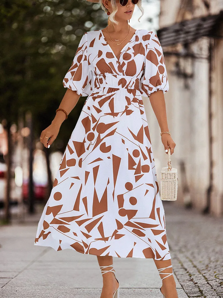 holiday a line dress Summer Women's New Printed Bohemian Casual Bubble Short Sleeve Vintage Elegant Beach Office Dresses Female Maxi dress