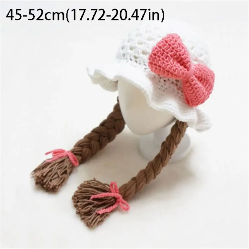 Pink Bow Wool Cap Handmade Knitted With Plaits Handmade Braided Earflap Girls Style Braided Design Crochet Hat Caps Photoshoot