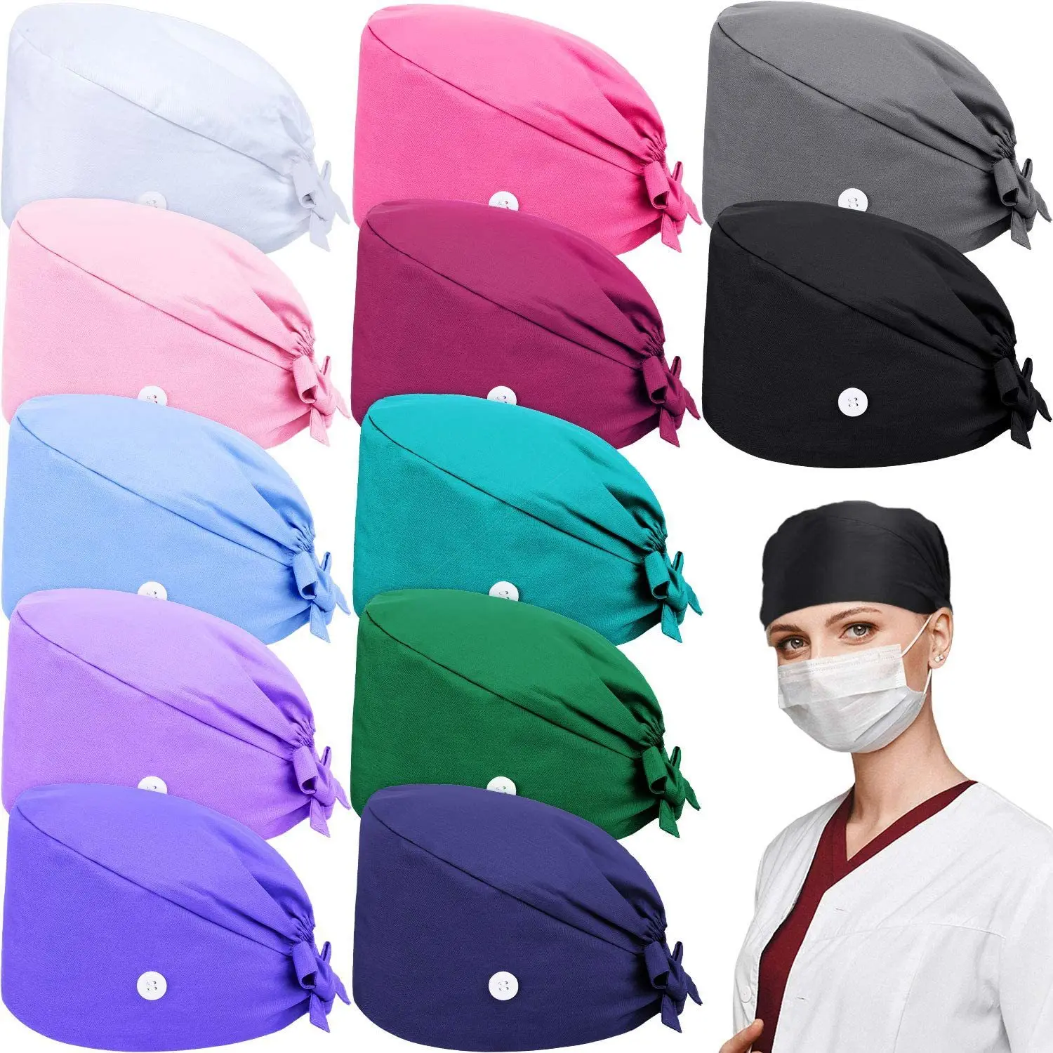 unisex cartoon printing scrubs caps pet grooming hospital hats dental clinic working caps health nurse accessories hat wholesale Solid Color Scrubs Cap Adjustable Cotton Surgical Hats Nurse Uniform Accessories Unisex Hospital Beauty Store Work Caps