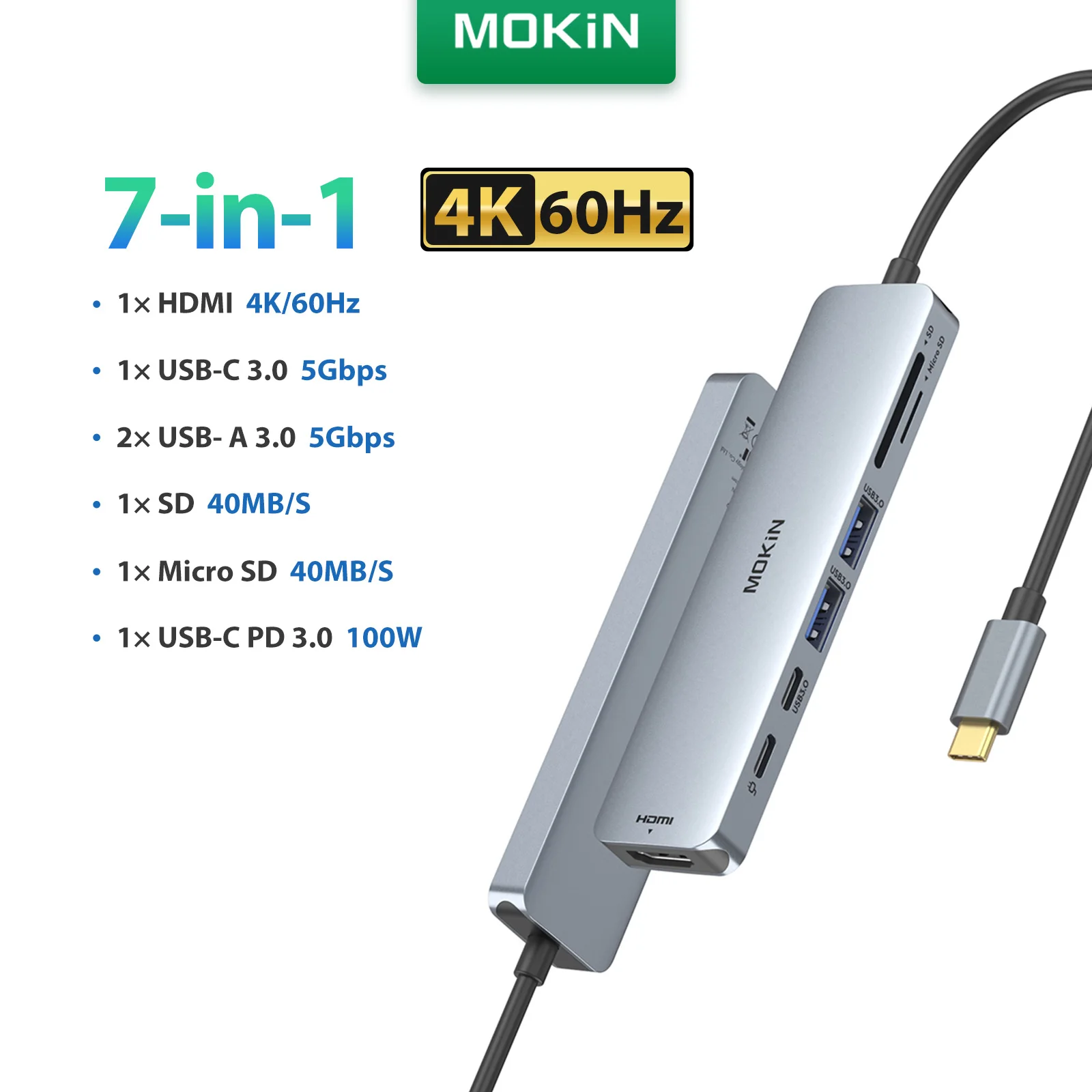 MOKiN Hub USB-C 5 In 1 Con Doppia Uscita Video 4K@60Hz – Ricarica PD 100W, Porta USB-C 10Gbps, Chip Intel JHL8140, Per Laptop Con Thunderbolt 4/USB4