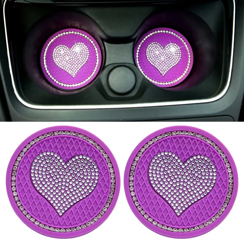 

2PCS Car Diamond Coaster Water Cup Slot Non-Slip Heart Shape Mat Silica Pad Cup Holder Mat Auto Interior Decoration Accessories