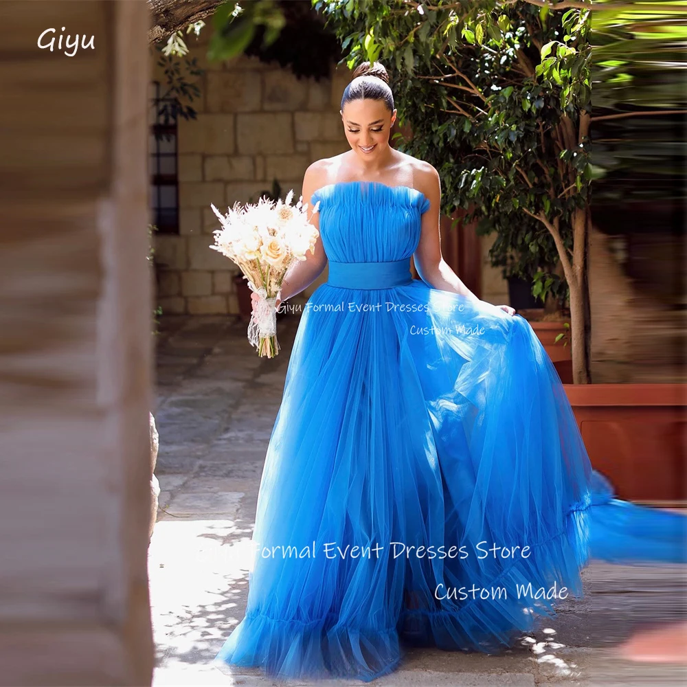 

Giyu Princess Blue Tulle Long Prom Evening Dresses Wedding Photoshoot Korea Strapless Belt Floor Length Prom Gowns Corset