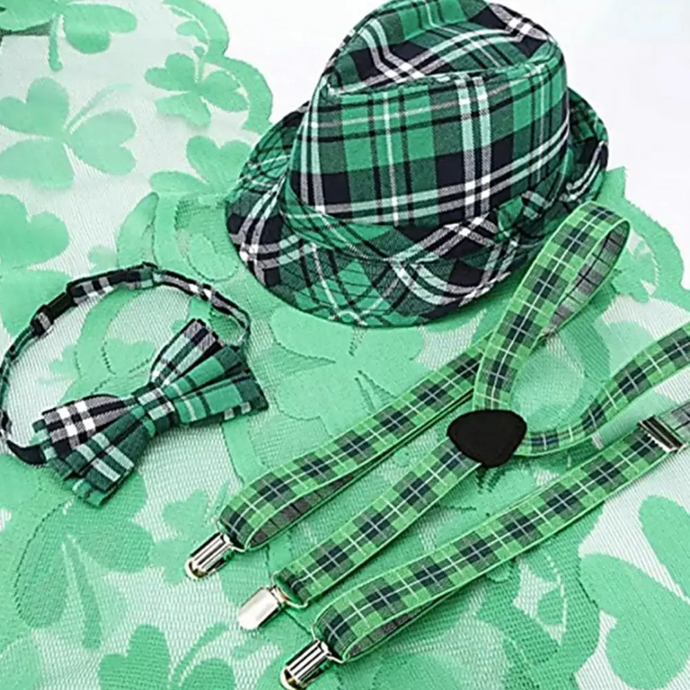 Irlandzki kostium świąteczny kapelusz Plaid zielony Colorfast Cosplay z rondem Saint Patrick Day akcesoria Shamrock Bow-knot Suspender