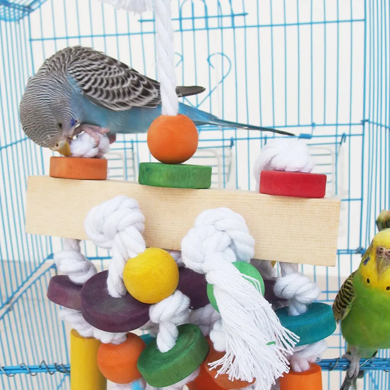Pet Bird Cages Chewing Playing Toys Small Big Parrot Cockatiel Parakeet Wooden Blocks Swing Food Grade Toys