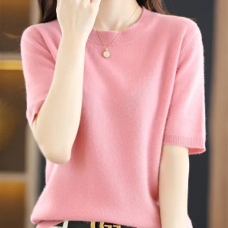 ตัวเลือกสินค้า ฤดูใบไม้ผลิและฤดูร้อนใหม่แขนสั้นผู้หญิง O-คอ Slim Wool Cotton Blend เสื้อกั๊กเสื้อยืดถักเสื้อกันหนาว