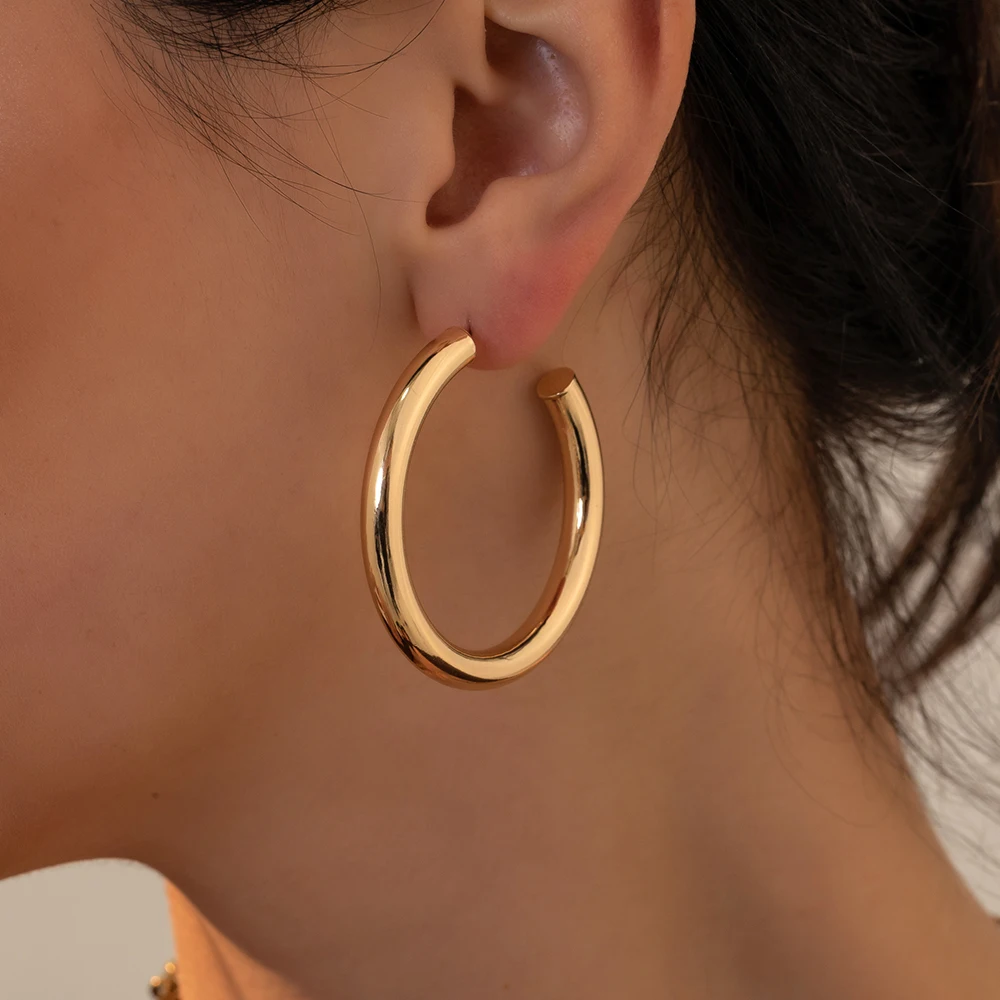 Créoles surdimensionnées plaquées or, boucles d'oreilles simples à cercle rond épais en acier inoxydable pour femmes, bijoux Punk Hiphop Brincos 2022