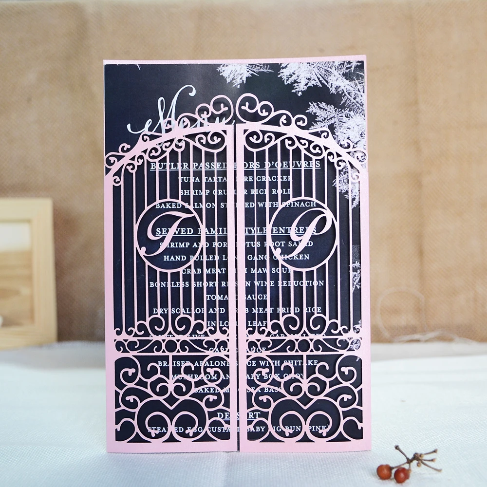 Invitation Card with Free Name , Laser Cut, Wedding Gate, Love Door, Engagement Party, Black, Pink, Gold, 10 Pcs