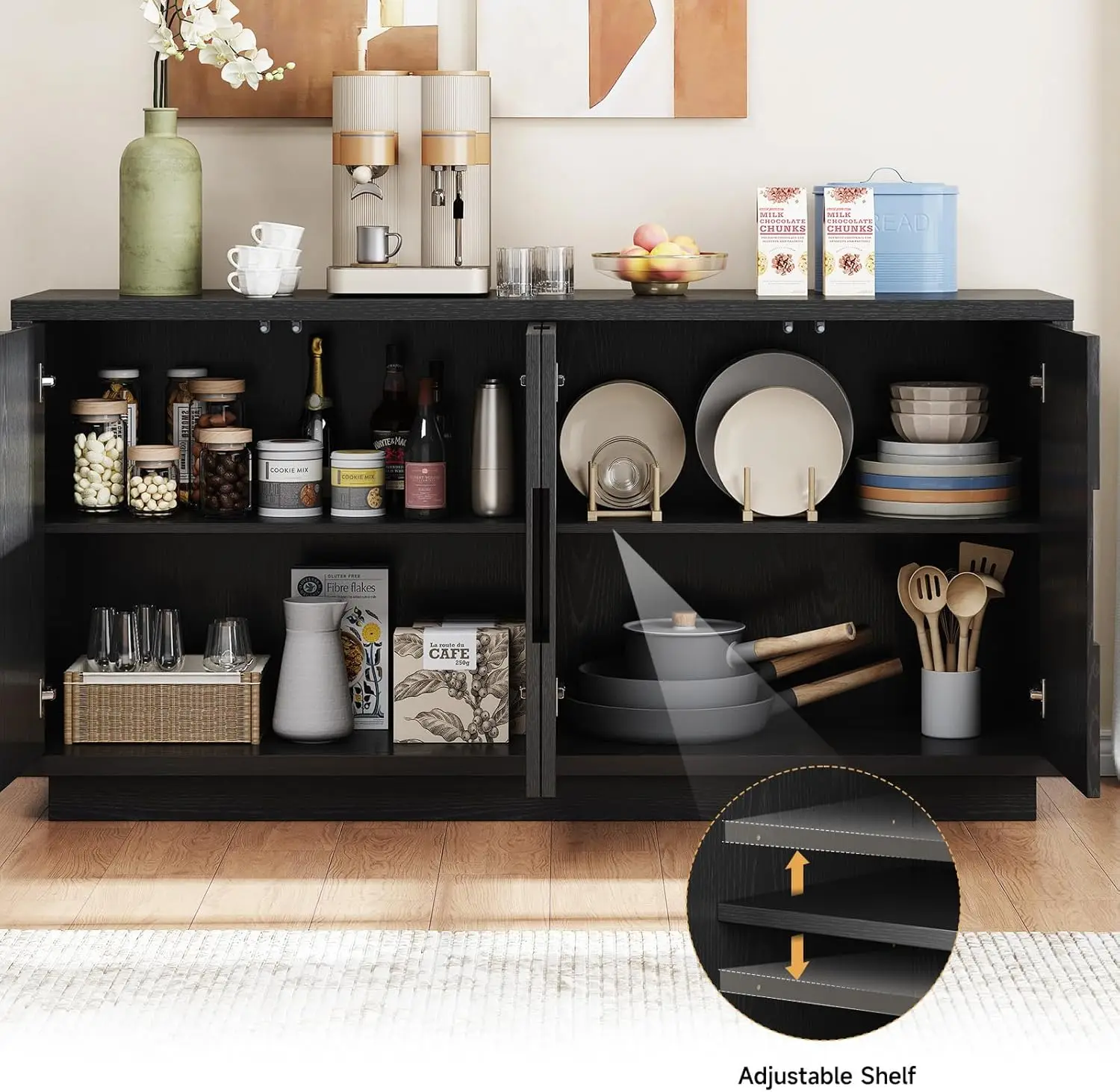 60" Sideboard Buffet Cabinet with Storage, Irregular Panel Design Credenza Mid Century Farmhouse Coffee Bar Cabinet with 4 Doors