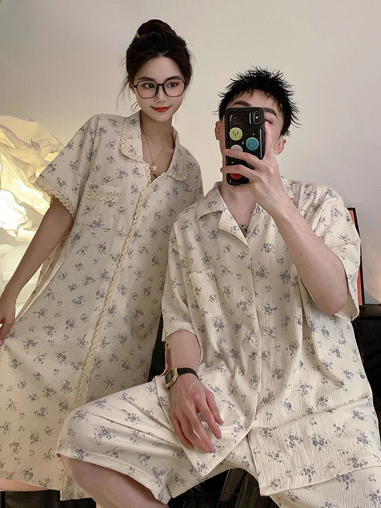 커플 잠옷 반팔 주름 원단 여성 여름 잠옷 귀여운 홈웨어 남성 봄 가을 세트 꽃..