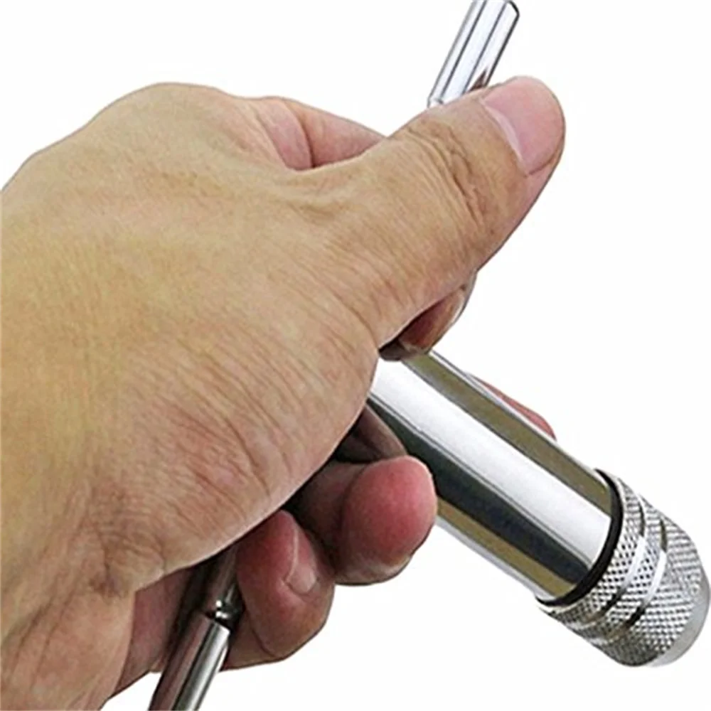 Adjustable Silver T-Handle Ratchet Tap Holder Wrench with 5pcs M3-M8 3mm-8mm Machine Screw Thread Metric Plug T-shaped Tap 5
