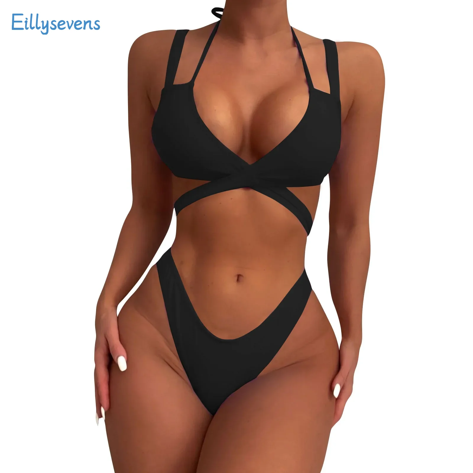 

Женский раздельный сексуальный комплект бикини из двух предметов, модный бюстгальтер с перекрестными шнуровками и мягкими чашечками без косточек, купальные плавки с высокой талией, однотонные комплекты бикини