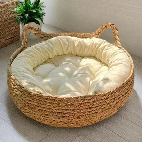 Rattan Weaving Cat Basket Bed With Soft Cushion Round Donut Design Cozy Warm Comfortable Sleeping Nest For Cats And Dogs Rattan Weaving Cat Basket Bed With Soft Cushion Round Donut Design Cozy Warm Comfortable Sleeping Nest For Cats And Dogs