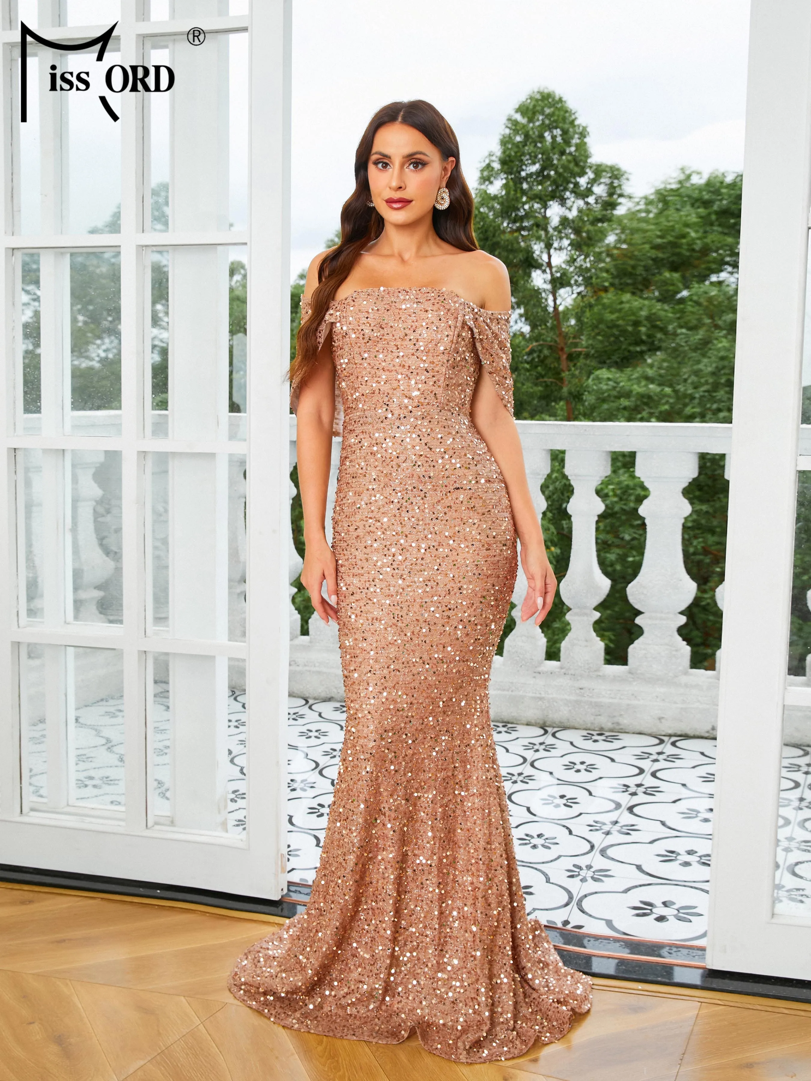 

Missord Brown Sequin Long Prom Dress Elegant Women Strapless Cloak Sleeves Bodycon Maxi Mermaid Party Evening Dresses Gown