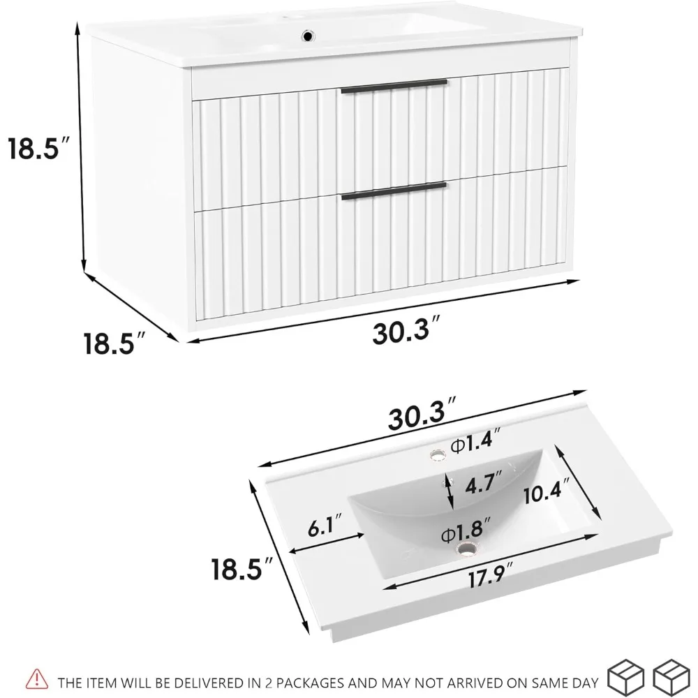 30" Bathroom Vanity with Sink, Floating Wall Mount, Soft-Close Function, Grooved Stripe Design, Hidden Damping Drawers (White) 2