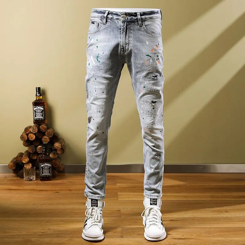 

Autumn 2022 Embroidery Print Splash Ink Perforated Stretch Jeans Men's Versatile Handsome Personality Casual Pants Ripped jeans