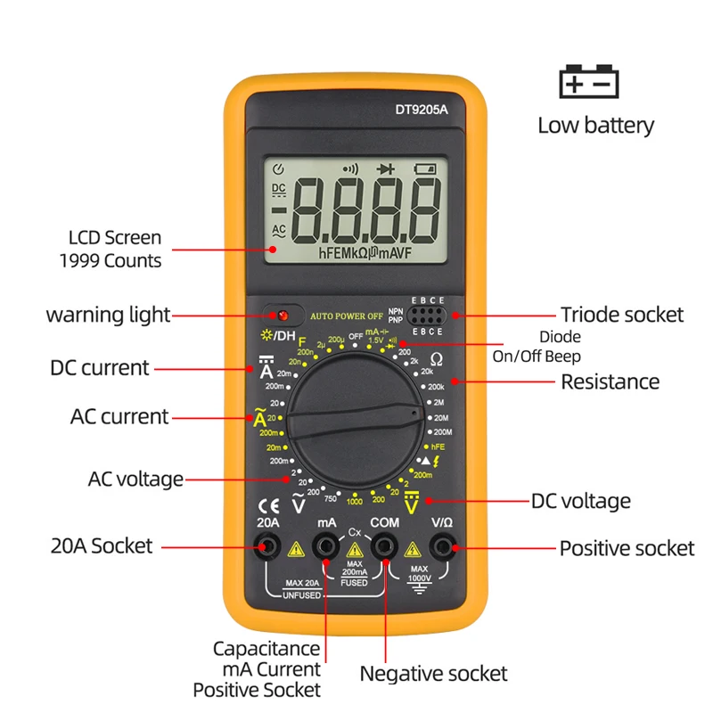 DT9205A Digital Multimeter 1000V 10A Current Voltage Meter hFE Ohm Capacitance Continuity Diode DMM Tester Electrician Tools