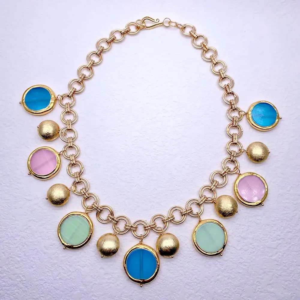 YYGEM Cat Eye Coin Shape Brushed Bead Necklace Multi Color Gemstone Necklace For Party