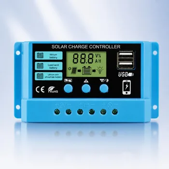 Regolatore di Carica Solare 10/20/30A 12V/24V con Display LCD, Doppia Uscita USB 5V e Impostazione Timer