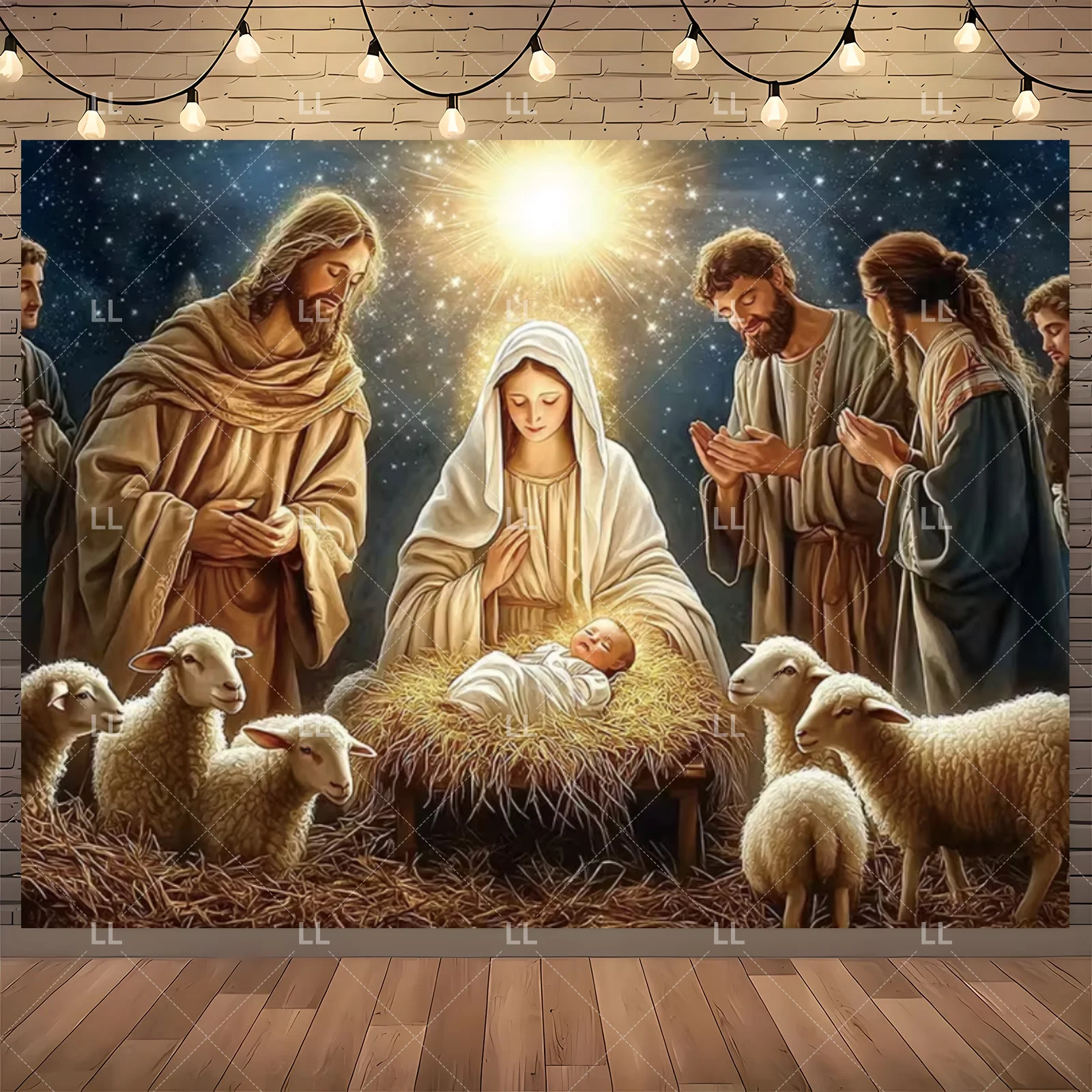 Starry Night Nativity Scene Backdrop - Traditional Christmas Party Decor and Photo Prop