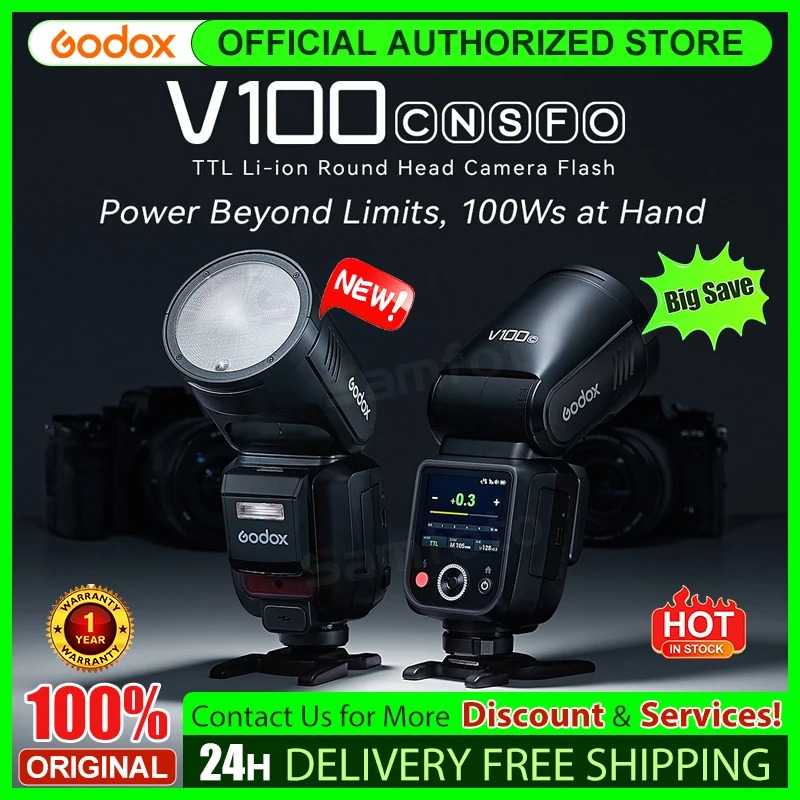 재고 Godox V100 C/N/S/F/O TTL 리튬 이온 원형 헤드 온 카메라 플래시 100Ws 제한 너머 V100S V100C V..