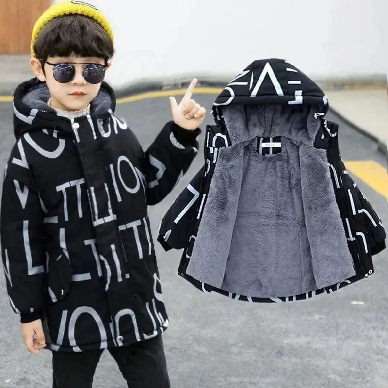 

Winter Boys Cashmere Jacket Coat Fashion Children Letter Print Thick Warm Cotton Down Outerwear Teen Hooded Coat Kids Clothes