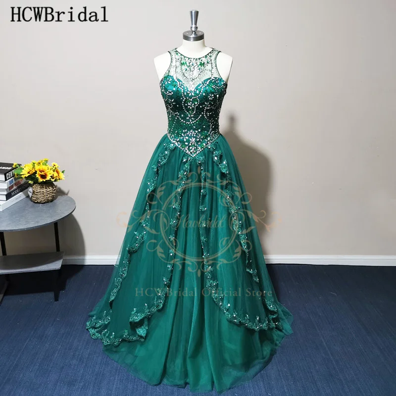 Emerald Green Long Evening Dress Luxury Crystals Beads A Line Tulle