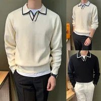 Slim Fit Long Sleeve Knitted Sweater for Men Casual Business Style Striped Design Breathable Moisture Wicking No Ironing Requ...