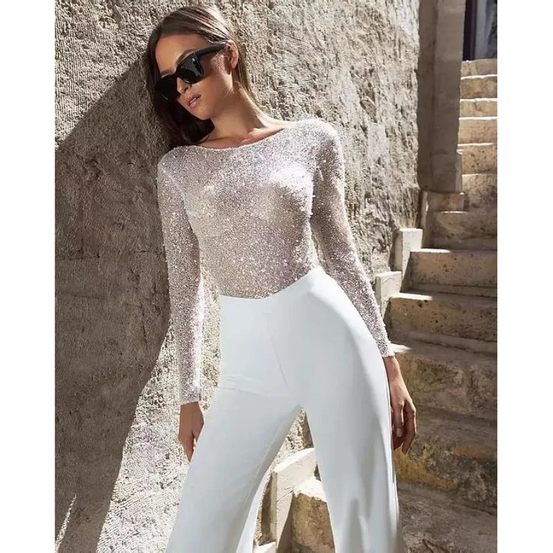 BKLD Fashion Solid Color Patchwork Elegant Jumpsuit Women For Wedding Backless Long Sleeve Jumpsuit One Pieces Party Clubwear