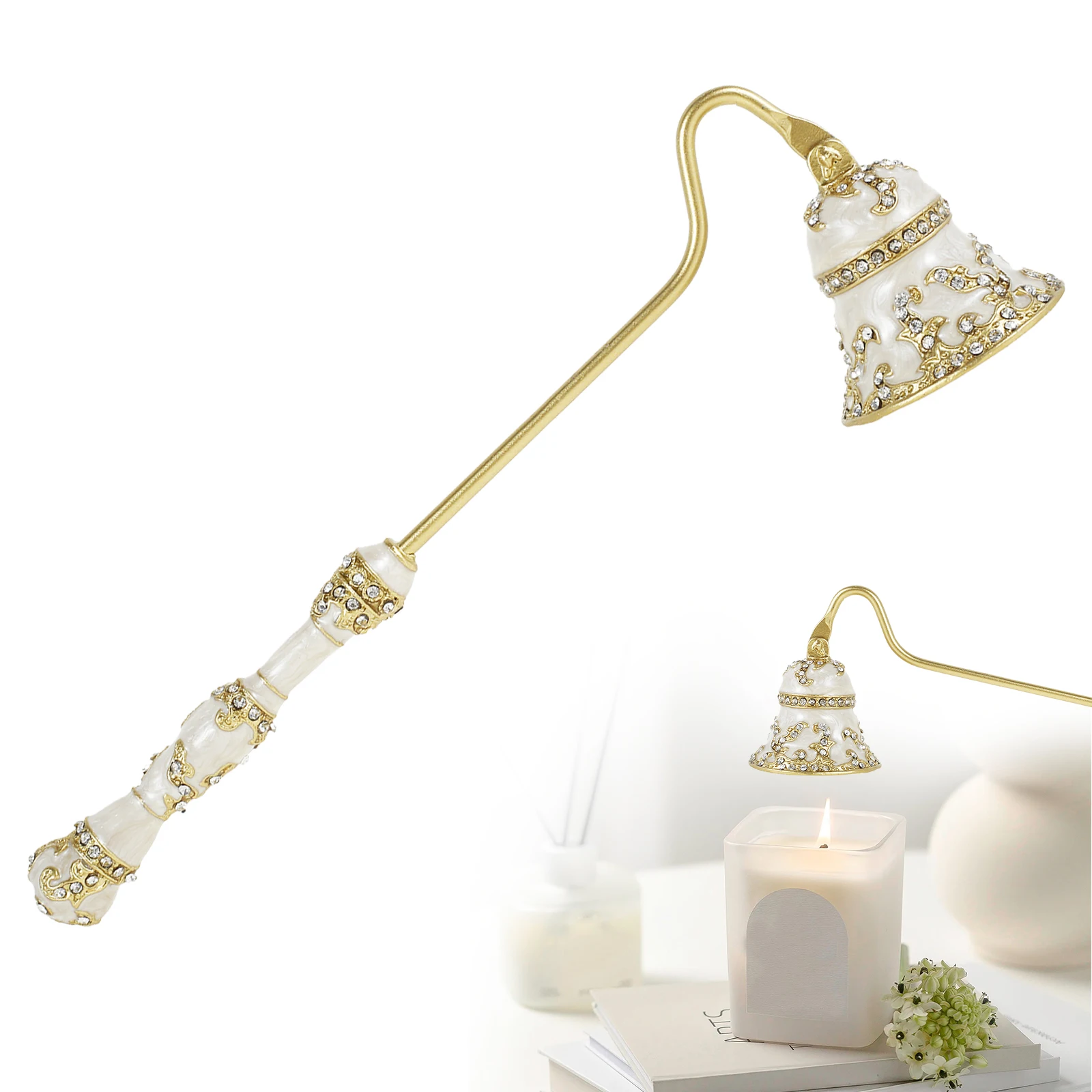 Metal Candle Snuffer Rotatable Handle Vintage Flower Shape Candle Extinguisher Easy to Use Faux Crystal Decorative Wick