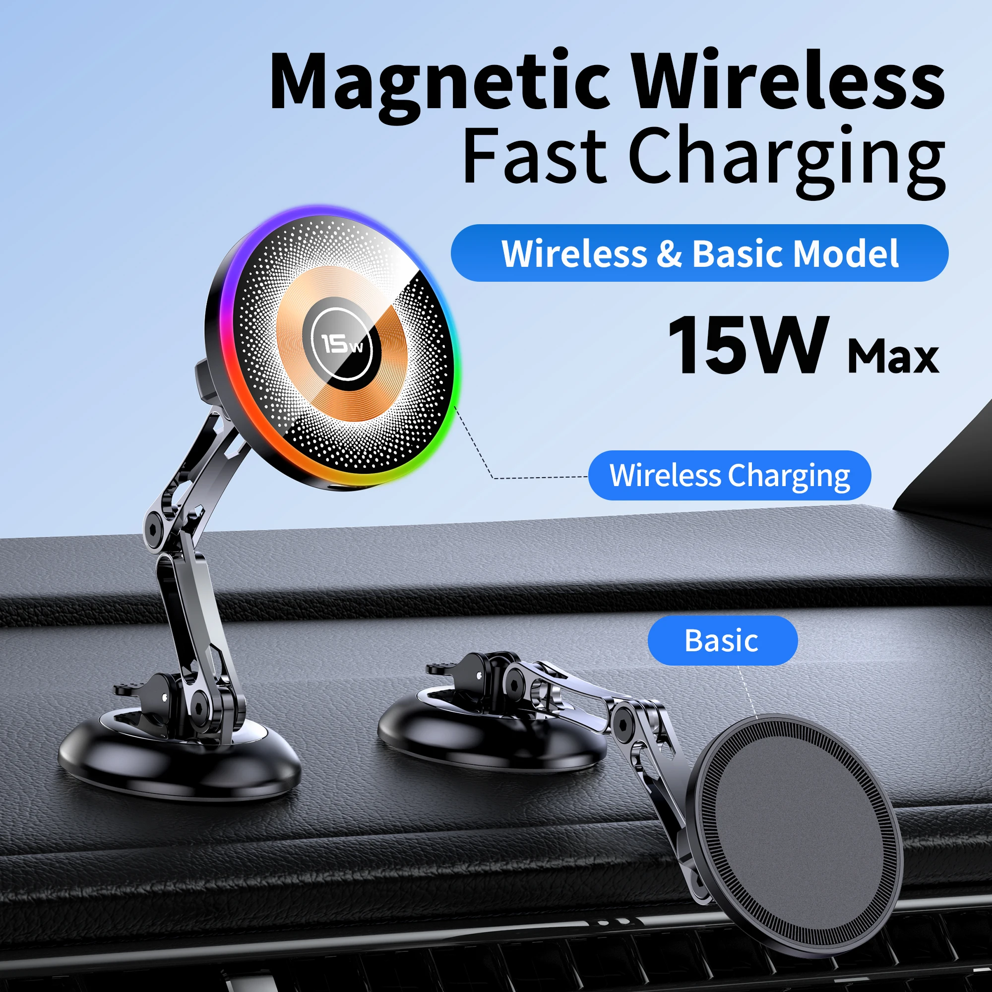 Magnetic Car Wireless Charger Stand with 15W Fast Charging and Phone Holder Bracket