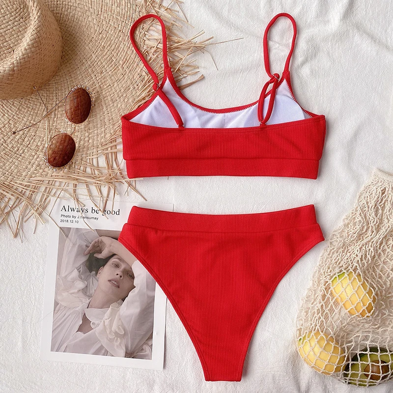 Ribbing Two-piece Suits 2022 Sexy Bikini Set High Waist Pleated Wavy Neon Swimsuit Women Push Up Bandage Coffee Swimwear Biquini cute swimsuits