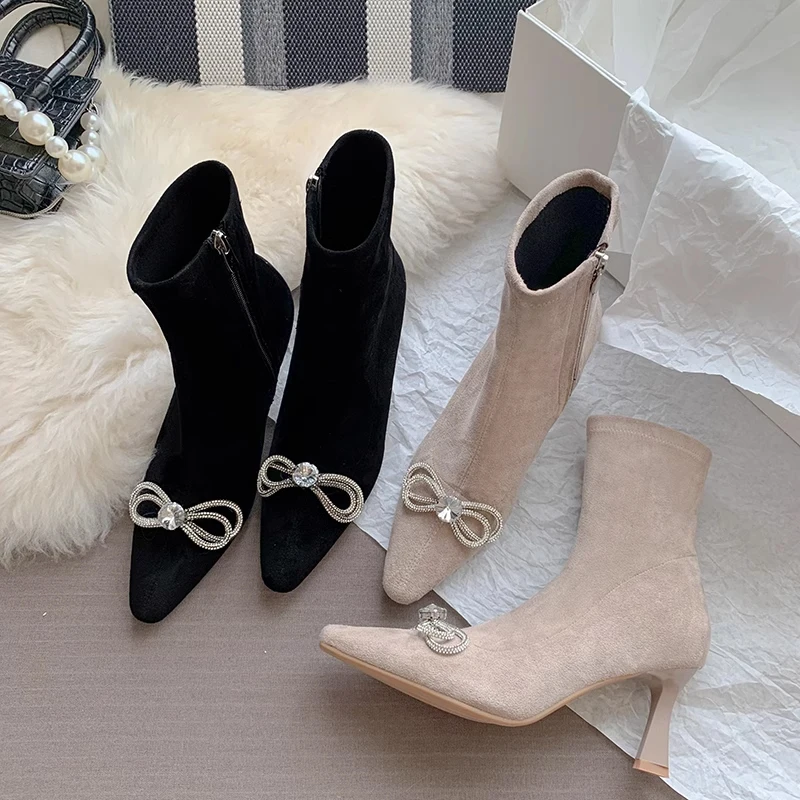

Crystal Bow-knot Short Boots Ankle High Women Shoes Fine Heel Zapatos Mujer Fashion Zipper Botas Femininas
