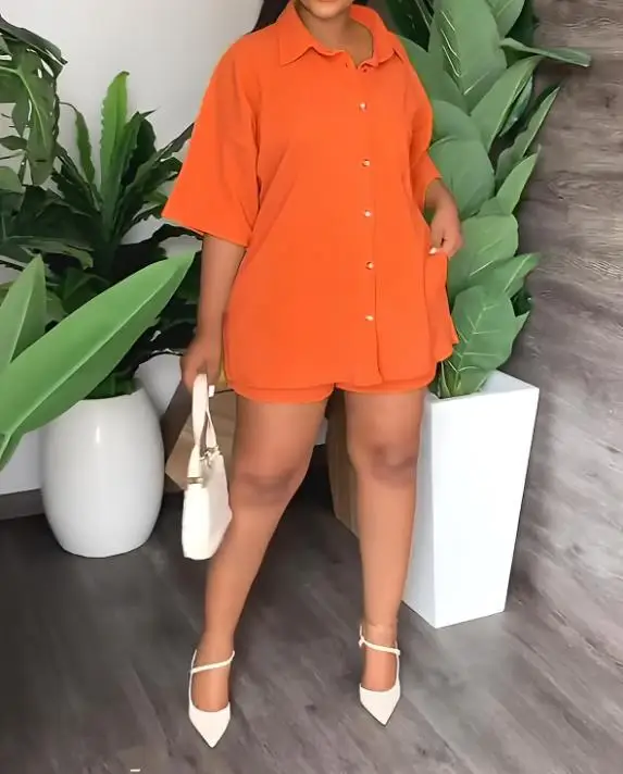 

Two Piece Sets Womens Outifits 2023 Summer Fashion Plain Turn-Down Collar Long Sleeve Shirt & Casual Pocket Design Shorts Set