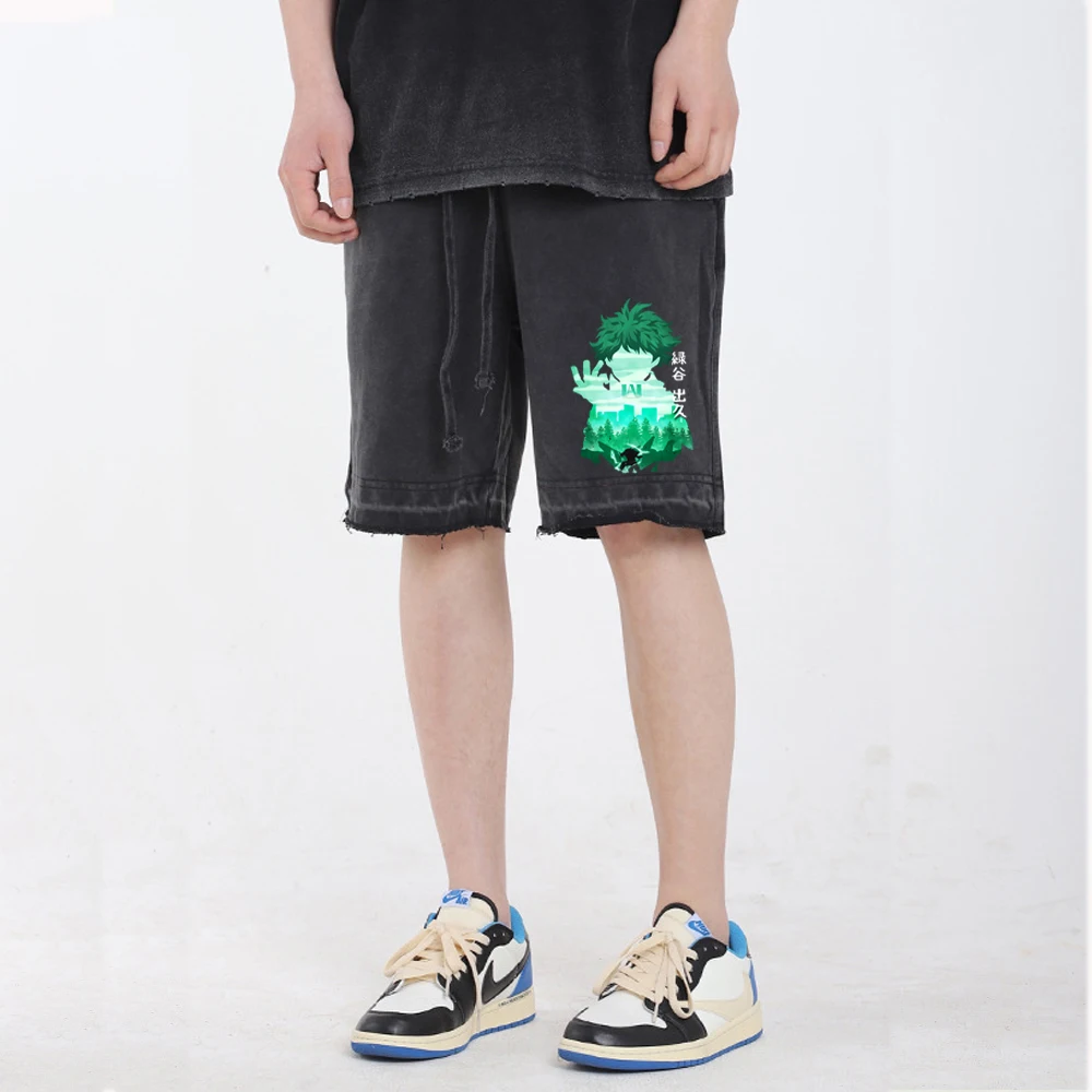 Anime My Hero Academia Print Shorts Men's Casual Vintage Washed Sports Short Pants Hip Hop Five Point Pants Summer Cotton Shorts