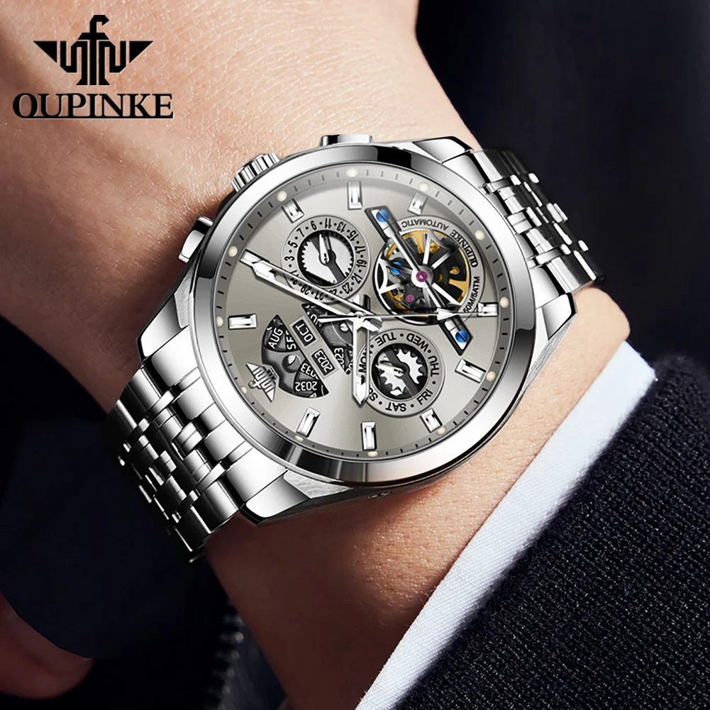 OUPINKE 3251 Men Watch Hollow Skeleton Automatic Watch For Men Luxury Waterproof Mechanical Wristwatch Week Calendar Hand Clock