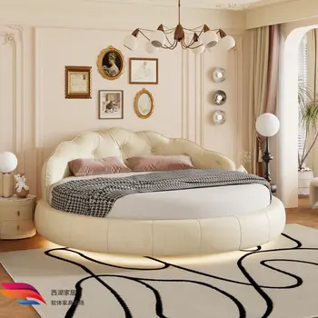Letto Rotondo di Lusso Bianco con Schienale Morbido per 2 Persone, Stile Crema, Letto Principessa King Size per Bambine, Arredamento Camera da Letto Giapponese