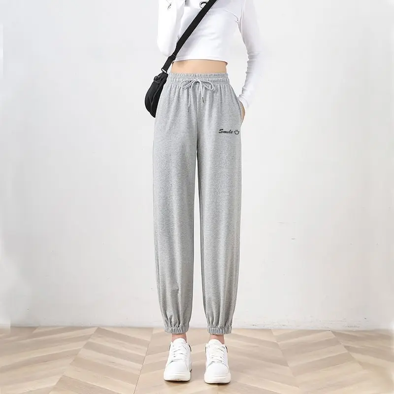 Spring and Autumn Women's Elastic High Waist Solid Pocket Drawstring Letter Embroidery Plush Thickened Harlan Trousers Pants