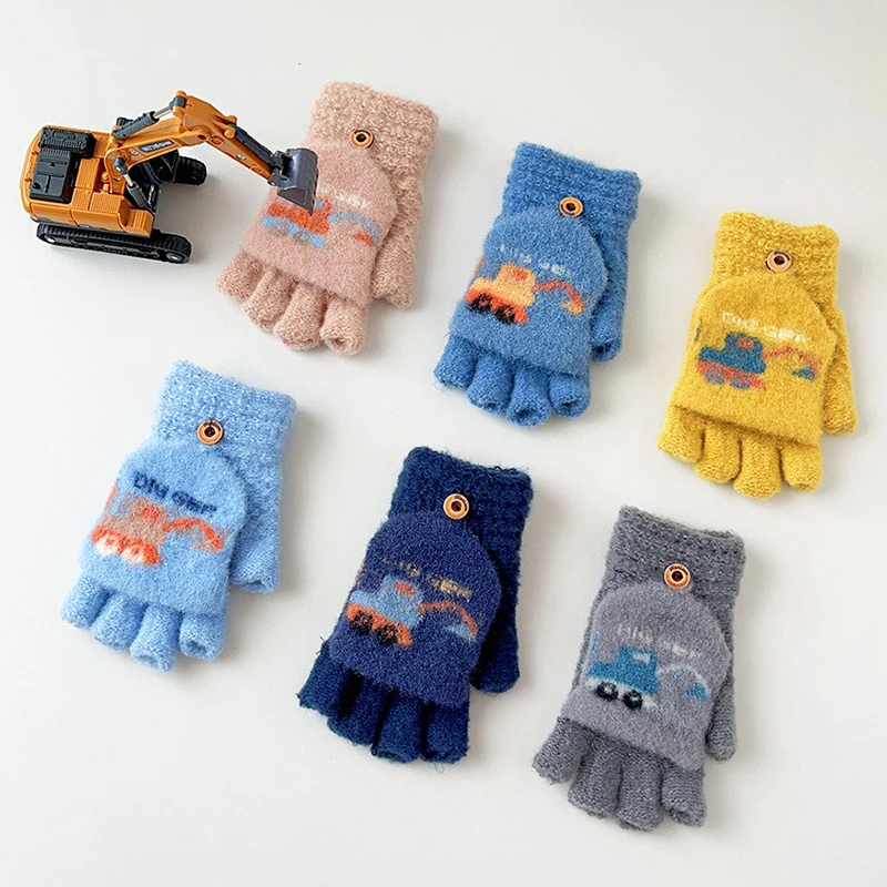 Cute Knitted Boys Children Gloves Winter Warm Mittens Girls Students Full Half Finger Glove Excavator Kids Mitt