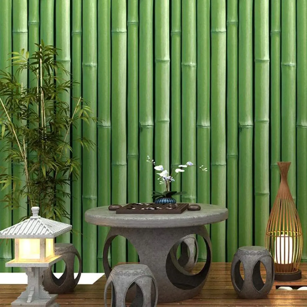 3D Bamboo Self Adhesive Wallpaper Vinyl Green Solid Color Peel and Stick  Wall Paper Roll for Wall Kitchen Bathroom Shelves Decor