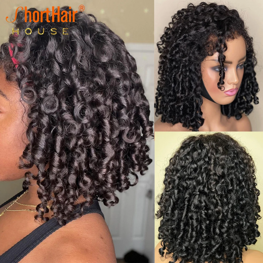 New Fashion Deep Curly Lace Front Human Hair Wigs With Curly Baby Hair Brazilian Short Bob Wigs 250% Bouncy Hairline