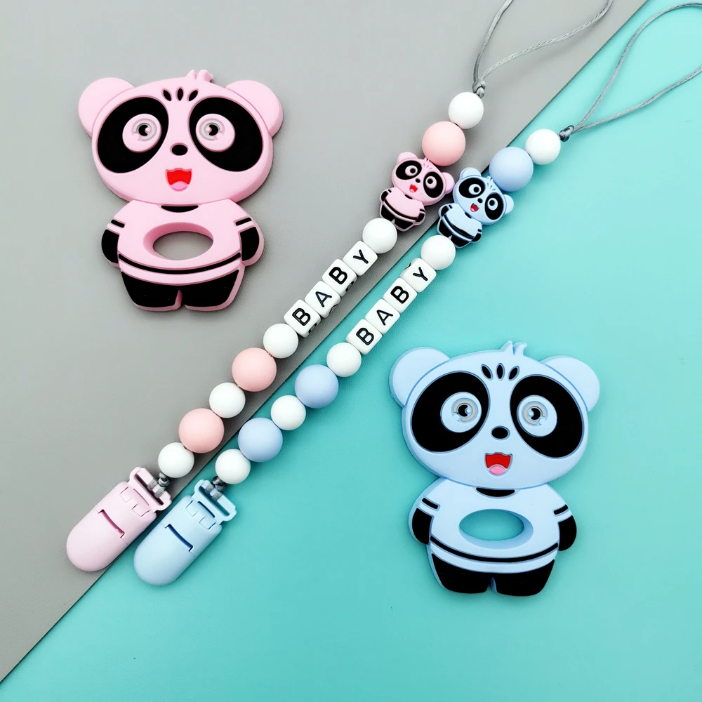 Custom English Russian Letter Name Baby Silicone Panda Pacifier Clip Chains Teether Pendant Baby Pacifier Kawaii Teether Gifts customizable beech english letter name baby silicone pentagram pacifier clip chain teether pendants baby pacifier kawaii teether