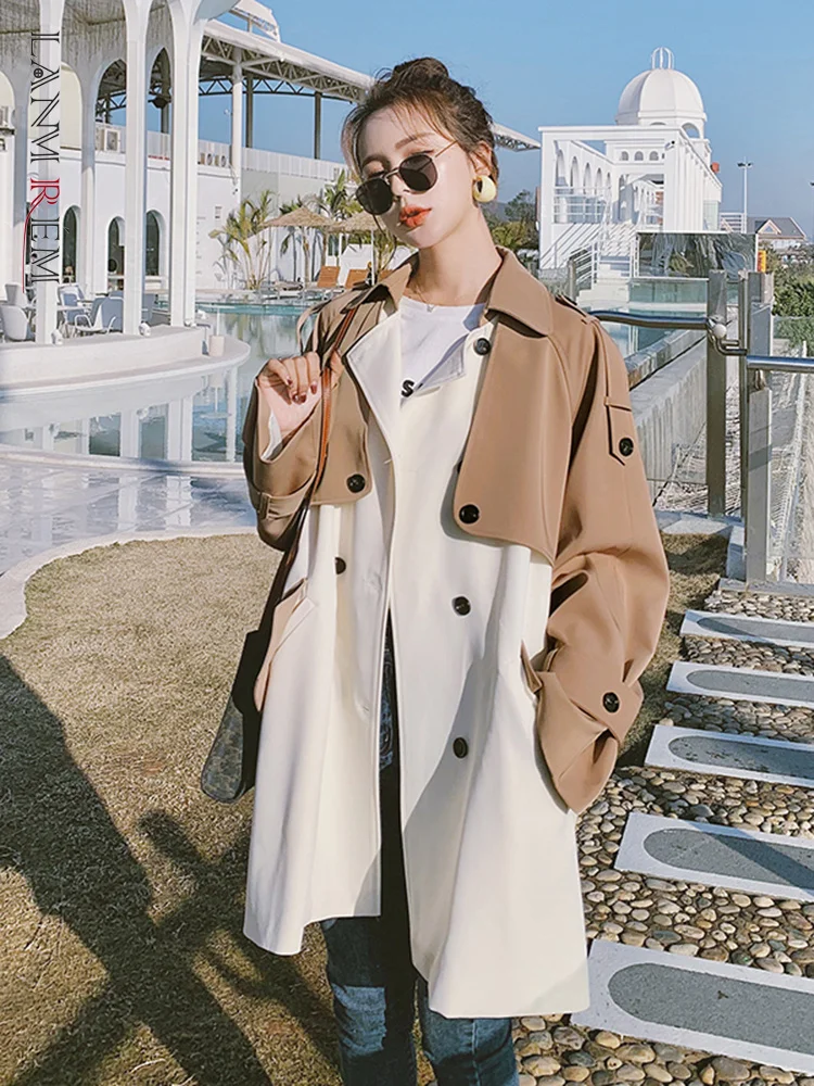 

LANMREM Trench Coat For Women Color Block Lapel Double Breasted Pockets Windbreaker Female Fashion Clothing 2023 Autumn 2R4858