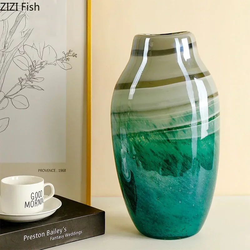 Dark Green Seawater Ripple Glass Vase Hydroponic Flower Pots Desk Decoration Artificial Flower Decorative Floral Arrangement 3
