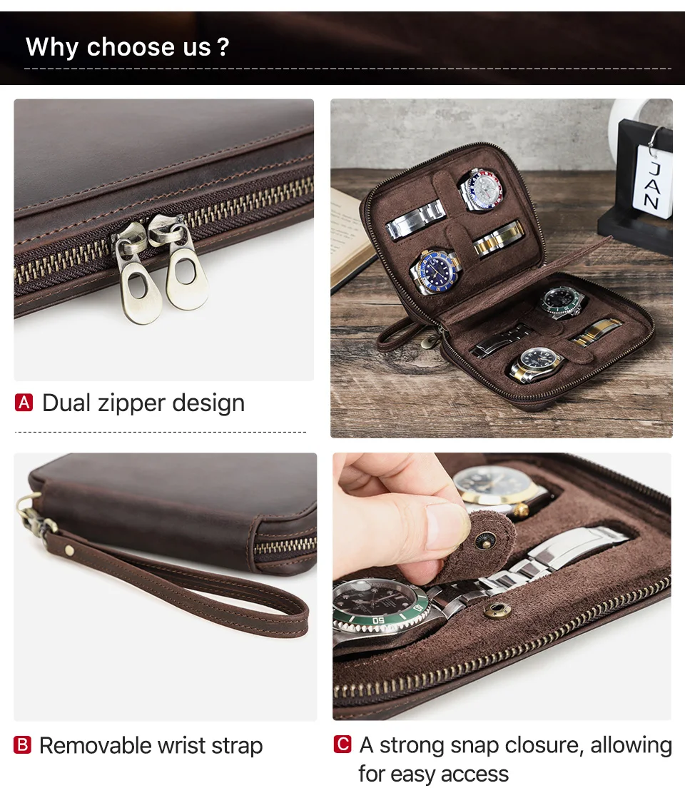 Vintage Echt leder Reiß verschluss Uhr Aufbewahrung koffer 2/4/Slots Reise tragbare Organizer Uhren Schmuck Display Sammel box – Detail 10