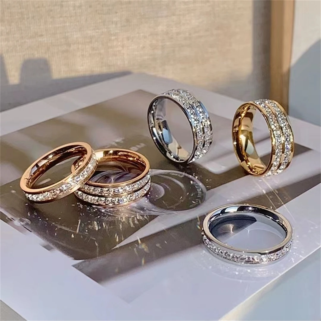 Stainless Steel Ring Double Rowed Square Zircon Women's Engagement Wedding Party Jewelry Gift