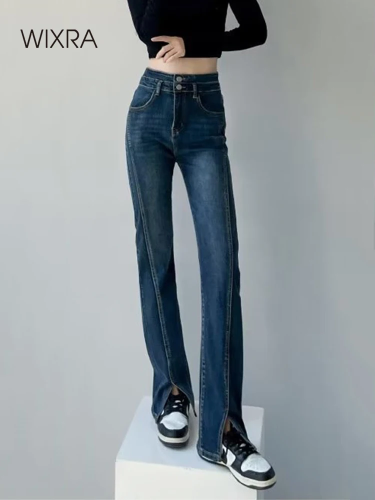 

Wixra Women Skinny Pants High Waist Spring Summer Female Basic Classic Vintage Blue Jeans Split Trousers