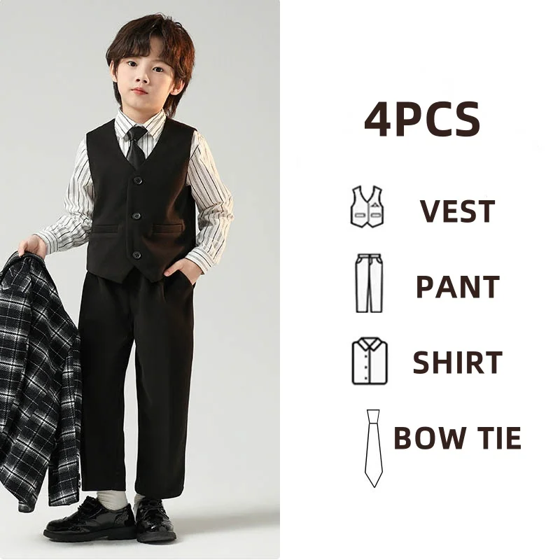 Kinder Jungen Herbst Winter Karierten Anzug Kinder Jungen Hochzeit Klavier Leistung Geburtstag Party Fotografie Kostüm Formale Blazer Anzug – Detail 9
