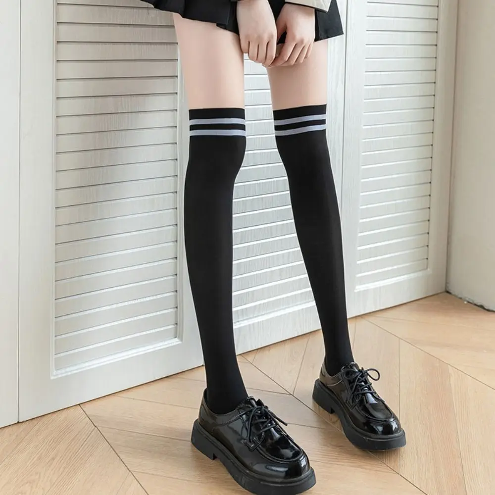 

Fashion Striped Splicing Pantyhose Women Thin Fake Calf Socks High Tube Knee Length Stockings Matching Dress Tights Stockings