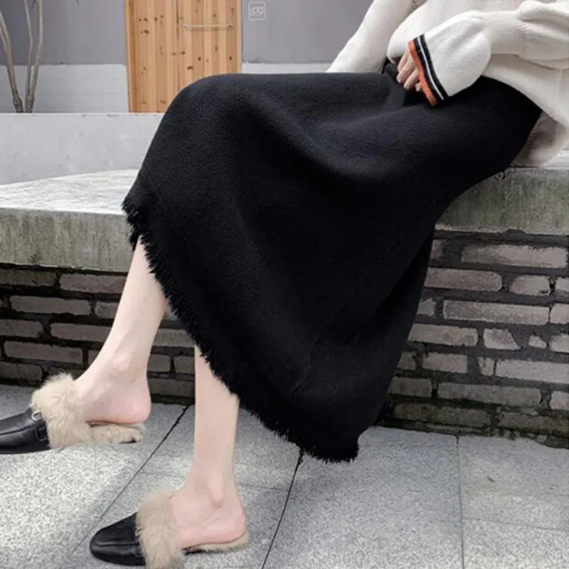 Maternity Knitted Long A- Line Skirt Autumn Winter Tassel Trim Loose Slimming Outerwear Fashionable Maternity Dress